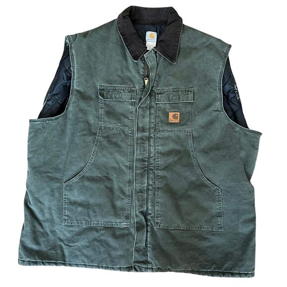 Carhartt Other - Vintage Carhartt Duck Canvas Work Vest Quilted Lined Green Corduroy Collar 4XL